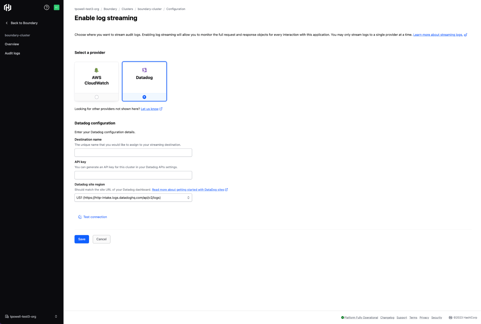 Datadog audit log configuration