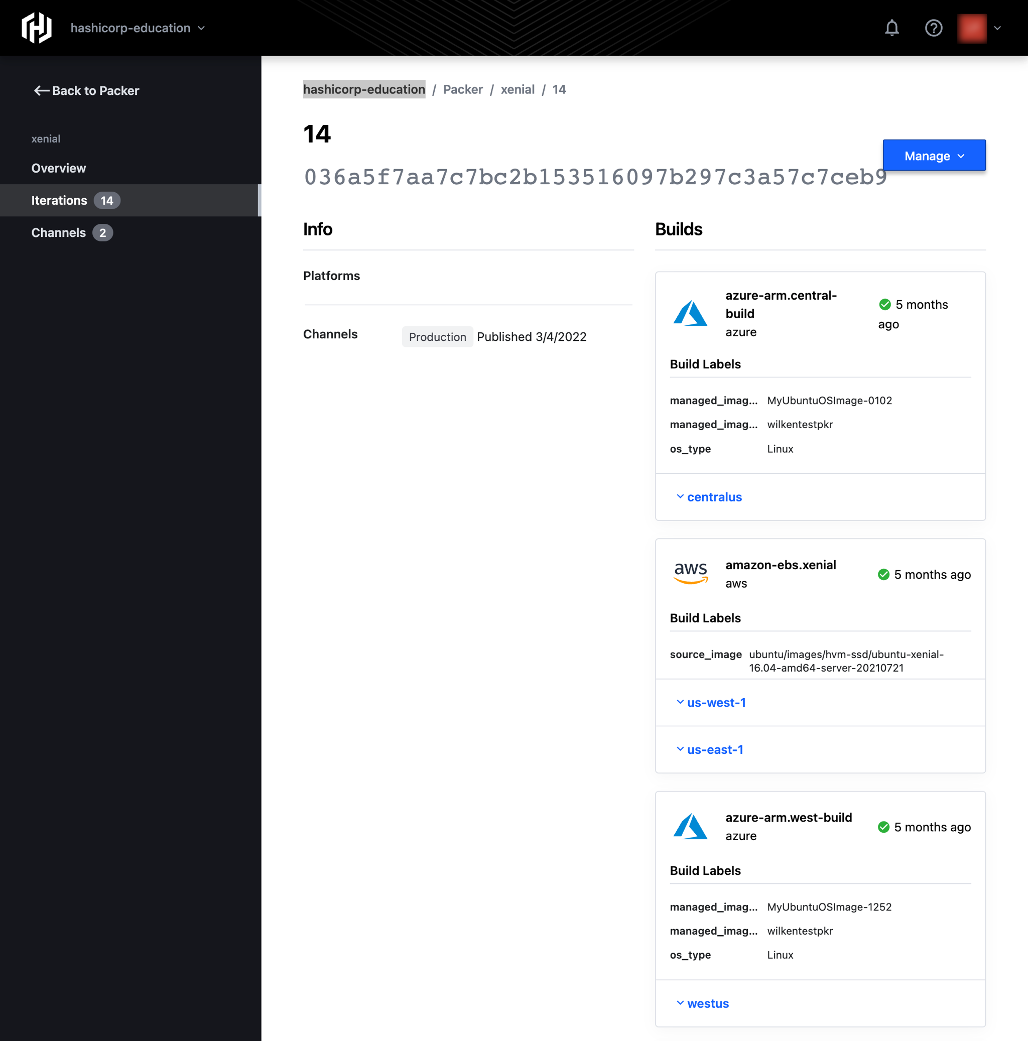 Example of an image bucket with image metadata from different cloud providers